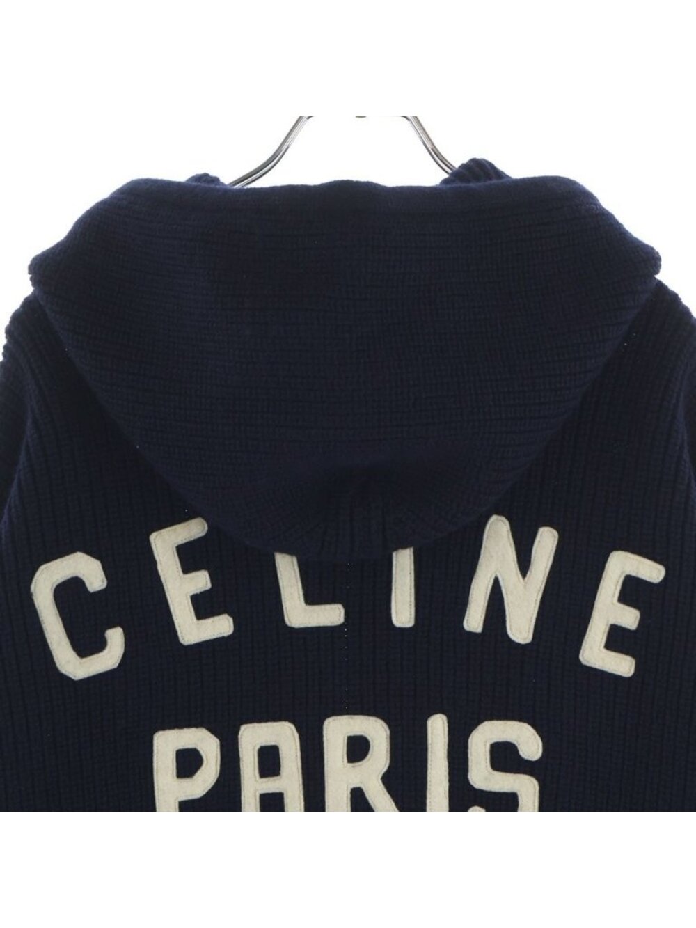 Celine Carre C Logo Zip Up Wool Knit Hoodie Navy View 4